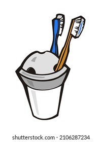 Cepillos de dientes en un vaso de baño. Ilustración vectorial aislada sobre fondo blanco.