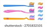 Toothbrushes and blob of toothpaste. Toothpaste streak. Concept of daily dental hygiene routine. Vector isolated illustration.