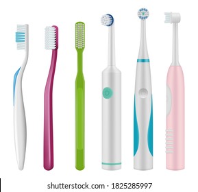 Toothbrushes. Brush for teeth mechanical and electrical type for daily dental hygiene vector realistic template