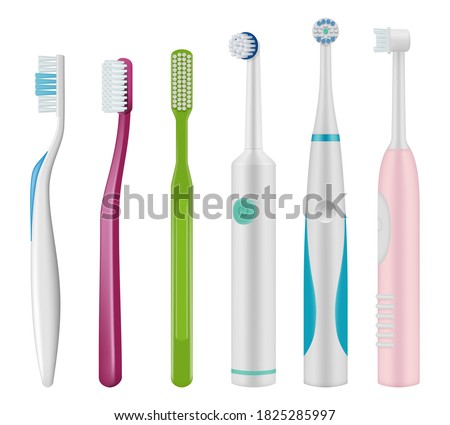 Toothbrushes. Brush for teeth mechanical and electrical type for daily dental hygiene vector realistic template