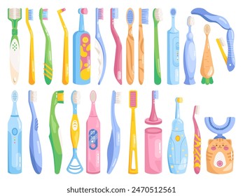 Toothbrushes cleaning tools. Different toothbrush isolated flat colorful icons, bamboo or electrical teeth brush for toothpaste tooth manual dental clean swanky vector illustration