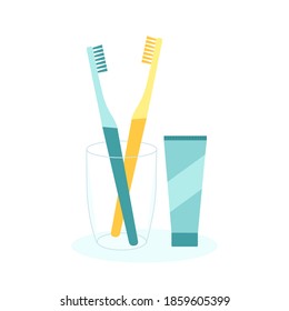 Cepillos de dientes en vidrio aislados en el fondo. Ilustración vectorial de estilo plano.
