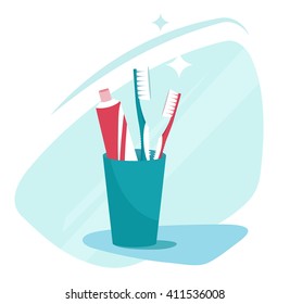 Toothbrushes in glass on table on light background. Toothbrush, toothpaste in a glass. Teeth care concept. Vector flat illustration eps 8