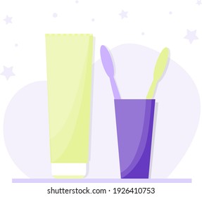 Toothbrushes in a glass and a tube of toothpaste. Vector illustration of flat cartouche style with shadows. The concept of care for the oral cavity. Dental cleaning kit, morning treatments