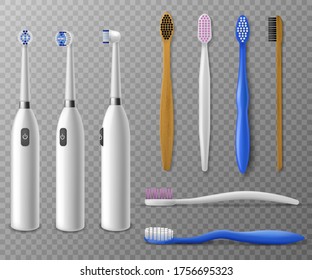 Toothbrushes mockup. Realistic plastic, electric toothbrush in different angles, promo items daily morning mouth hygiene, tooth cleaning vector set on transparent background