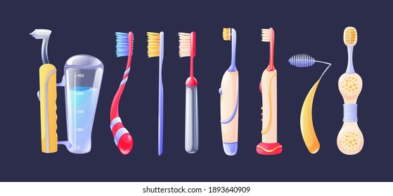 Bromas de cepillos de dientes. Pinceles de dientes plásticos realistas, diferentes formas para cepillar con dientes. Higiene dental personal, equipo dental de cepillo de dientes, prevención de dientes y vectores de encías
