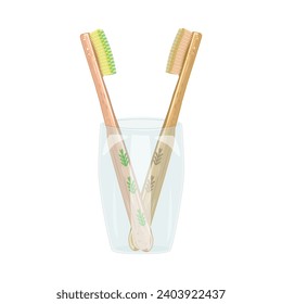 Toothbrushes in mug. Bamboo toothbrushes in glass. Oral hygiene and dental care item. Zero waste, reusable durable products, no plastic and eco living