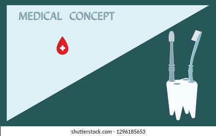 Toothbrushes, realistic, in a stand in the shape of a tooth - vector.Medical concept. Teeth care