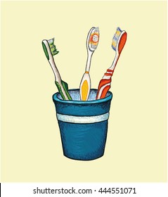 Toothbrushes set in glass hand drawn