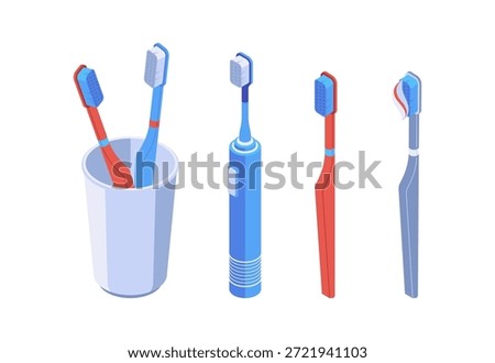 Toothbrushes with thin and thick bristles. Vector isolated electric gadgets help cleaning teeth and reduce cavities risk. Set of modern brushes for healthy smile and hygiene. Dental care