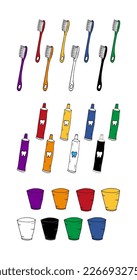 Toothbrushes, toothpaste, mouthwash colorful vector illustration. Doodle style. Objects for sticker pack, cover, postcards, print, kids game, poster.