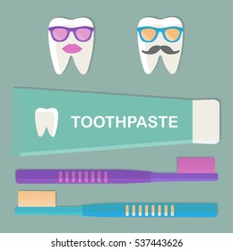 Toothbrushes and toothpaste. Protection of teeth. Character for advertisement. Vector illustration.