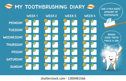 Toothbrushing diary - dental calendar for kids, stomatology planner for children. Cute smiling cartoon tooth with soft foam bubbles - oral hygiene concept. Tooth care banner. Week starts Monday