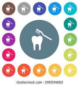 Toothbrushing flat white icons on round color backgrounds. 17 background color variations are included.