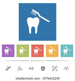 Toothbrushing flat white icons in square backgrounds. 6 bonus icons included.