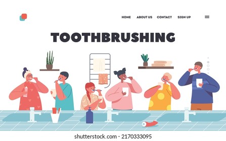 Toothbrushing Landing Page Template. Happy Kid Characters Brush Teeth. Children Dental Care, Oral Hygiene in Bathroom. Kids with Toothbrush and Paste Brushing Teeth. Cartoon People Vector Illustration
