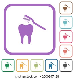 Pincel de dientes iconos simples en marcos cuadrados redondeados de color sobre fondo blanco