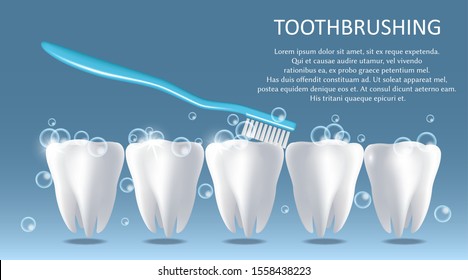 Toothbrushing vector medical poster banner template. Realistic toothbrush brushing white shiny teeth. Dental health, oral care concept.