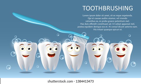 Toothbrushing vector poster banner template. Happy smiling healthy and white teeth brushing with toothbrush. Oral care, tooth cleaning and hygiene concept.
