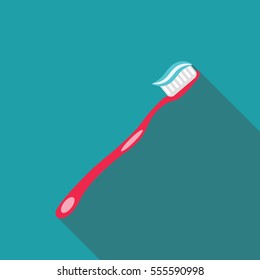 Toothbrushl flat icon style with long shadow isolated on blue background. bathroom elements vector sign symbol