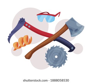 Toothed Blade and Ax with Wooden Handle as Wood Chopping Implement Vector Composition