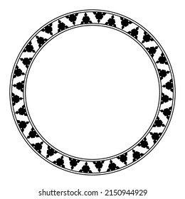 Toothed triangle pattern in a circle frame. Black triangles, arranged alternately, with cut out areas, produce a serrated pattern,  bordered by black circles. Isolated illustration over white. Vector.