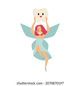 Toothfairy front view, cartoon vector illustration. Little flying girl holding tooth high above her head, isolated on white background.