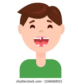 Toothless boy smiling and showing milk tooth and permanent teeth in eruption. Kids broken teeth vector