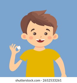 Toothless boy smiling and showing milk tooth and permanent teeth in eruption. Kids broken teeth vector