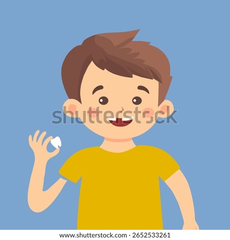 Toothless boy smiling and showing milk tooth and permanent teeth in eruption. Kids broken teeth vector