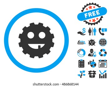 Toothless Gear Smiley icon with bonus icon set. Vector illustration style is flat iconic bicolor symbols, blue and gray colors, white background.