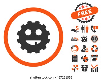 Toothless Gear Smiley icon with free bonus pictogram. Vector illustration style is flat iconic bicolor symbols, orange and gray colors, white background.