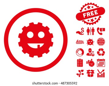 Toothless Gear Smiley icon with free bonus pictograph collection. Vector illustration style is flat iconic symbols, red color, white background.