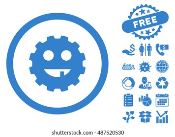 Toothless Gear Smiley icon with free bonus pictograph collection. Vector illustration style is flat iconic symbols, cobalt color, white background.