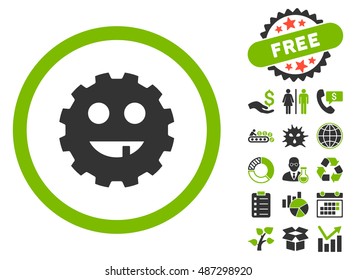 Toothless Gear Smiley pictograph with free bonus pictogram. Vector illustration style is flat iconic bicolor symbols, eco green and gray colors, white background.