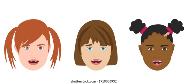 Toothless girls different nations, primary teeth. Vector illustration.