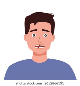 Toothless man smiling and showing milk tooth and permanent teeth in eruption. Man broken teeth vector