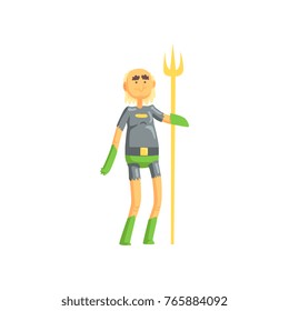 Toothless old man superhero standing and holding golden wand. Funny cartoon elderly character in hero costume with underpants and gloves. Isolated flat vector