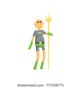 Toothless old man superhero standing and holding golden wand. Funny cartoon elderly character in hero costume with underpants and gloves. Isolated flat vector