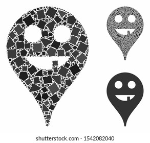Toothless smiley map marker composition of rugged elements in various sizes and color tones, based on toothless smiley map marker icon. Vector unequal elements are combined into collage.