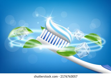 Anuncios de pasta dental, menta refrescante. Pasta dental en cepillo de dientes, hojas de menta y cubo de hielo. Elementos dibujados, ilustración vectorial 3d realista, producto cosmético, desenfoque, fondo azul, efecto espumoso