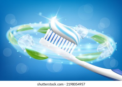 Toothpaste ads, refreshing mint. Toothpaste on toothbrush, mint leaves and ice cube. Drawn elements, realistic 3d vector illustration, cosmetics product, blur, blue background,sparkling effect