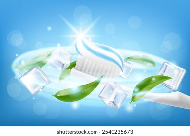 Toothpaste ads, refreshing mint. Toothpaste on toothbrush, mint leaves and ice cube. Drawn elements, realistic 3d vector illustration, cosmetics product, blue background,sparkling effect