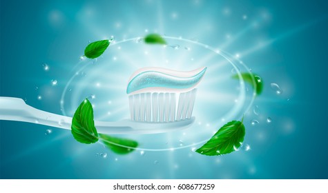 Toothpaste ads, refreshing mint. Toothpaste on toothbrush, splashing aqua, water drops, mint leaves. Drawn elements, 3d vector illustration, cosmetics product, blure, bokeh background,sparkling effect