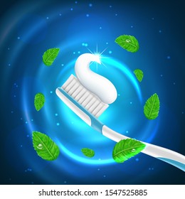 Toothpaste Advertisement, Smear Of Paste On A Toothbrush, On A Blue Background, Mint Leaves. Vector Background.