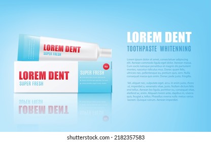 Toothpaste advertising poster template with tube of dental paste. Dental care products promo banner, realistic 3d vector illustration on blue background.