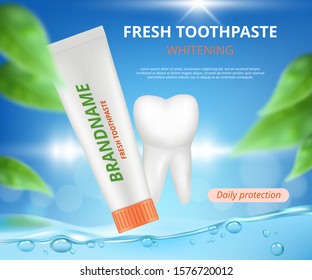 Toothpaste advertizing. Healthy tooth protection toothbrush with tube medical realistic illustration placard