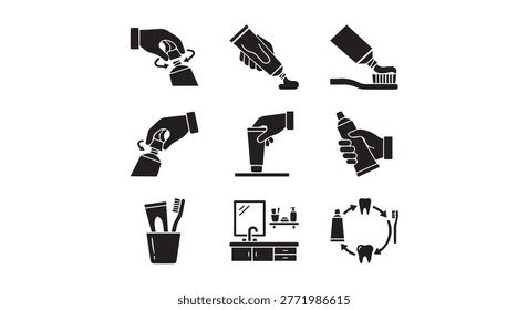 Toothpaste application and oral hygiene routine icons with toothpaste, brushing