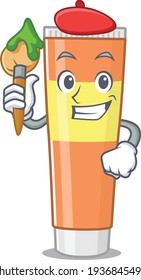 Toothpaste artist cartoon picture style paint a landscape using a brush. Vector illustration