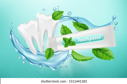 Toothpaste background. Dental poster design. Mint herbal toothpaste, white clean teeth vector banner